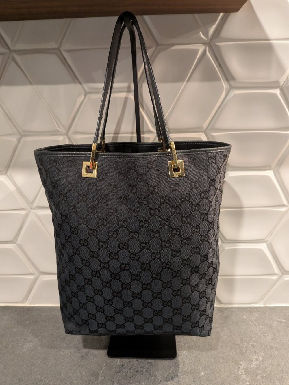 GUCCI Tote Bag Black GG Canvas Gold Metal Authentic Tom Ford era